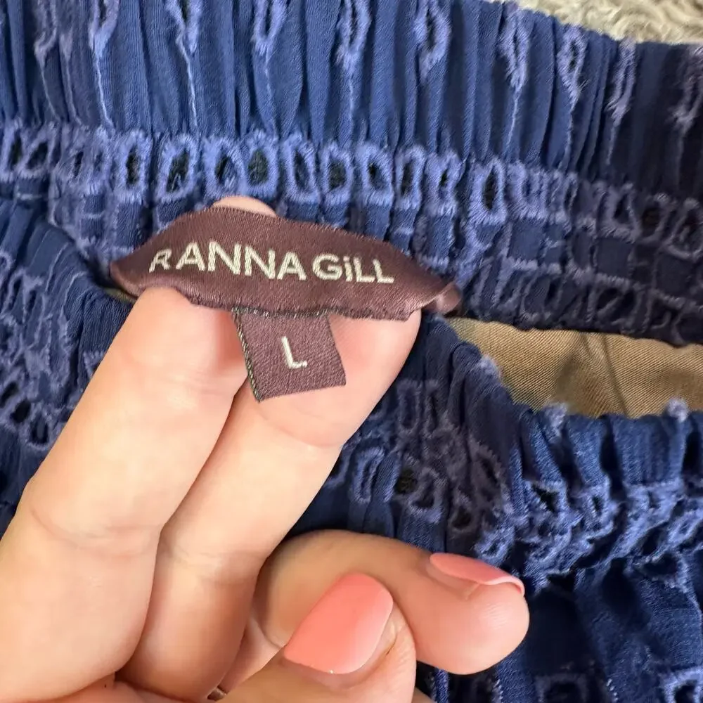 Anthropologie Ranna Gill Tiered Eyelet Off Shoulder Ruffle Romper L Large Blue